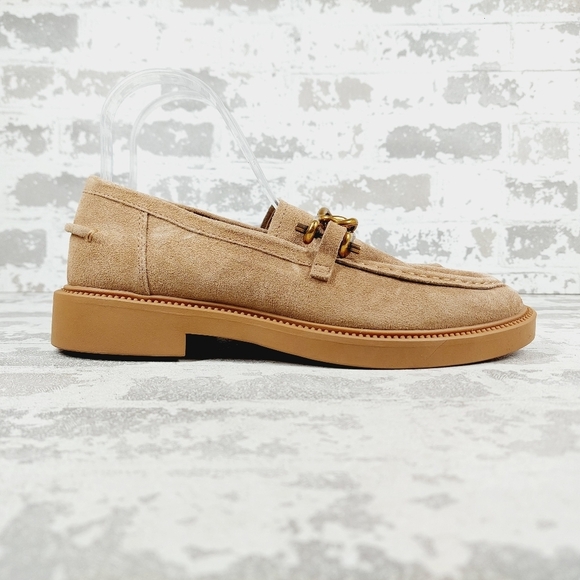 New Steve Madden Karmine Gleaming Tan Suede Goldtone Hardware Loafer W936 - Picture 5 of 12